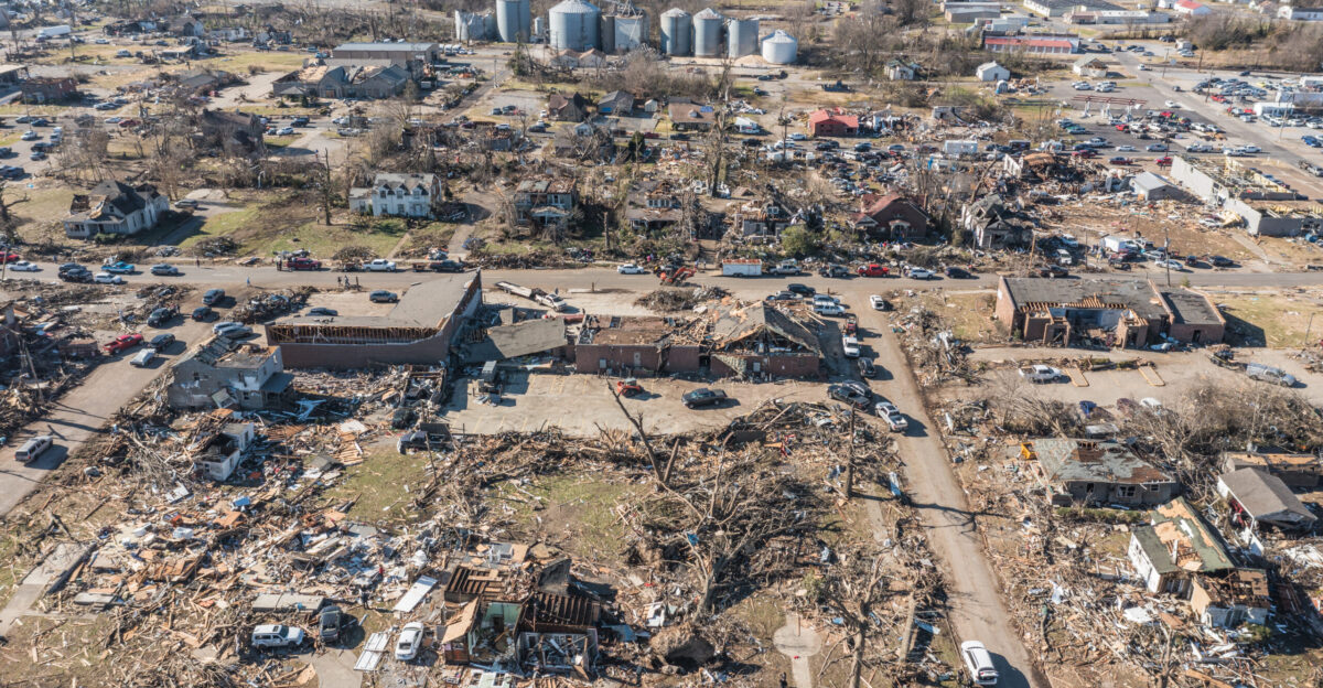 Aerial view of the city of Mayfield on December 12