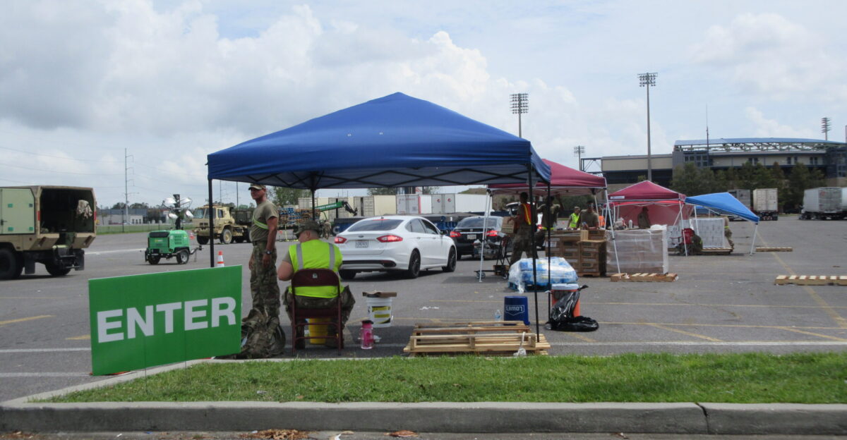 Metairie Louisiana September 2021 - Hurricane Ida relief supplies distribution center was set up in parking lot of Zephyr Field