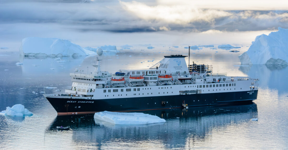 Expedition ship MS OCEAN ENDEAVOUR - IMO 7625811 under charter with Adventure Canada at Qeqertarsuaq Island Karrat Fjord Greenland on September 18 2015