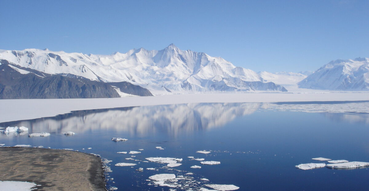 Mt Herschel 3335m asl from Cape Hallet with Seabee Hook penguin colony in Foreground Antarctica