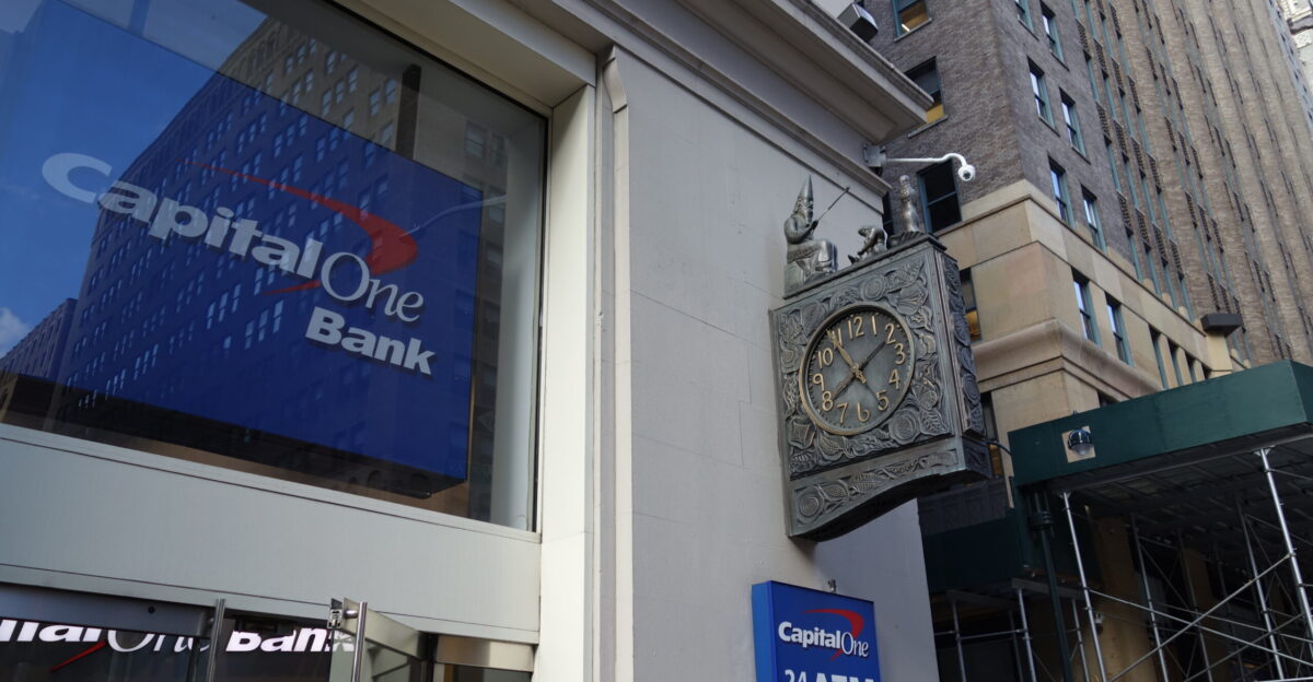 The silk clock next to the Capital One of the Schwarzenbach Buildings 470 Park Avenue South at the southwest corner of 32nd Street and Park Avenue in Murray Hill Kips Bay East Midtown Manhattan The clock was dedicated in 1926