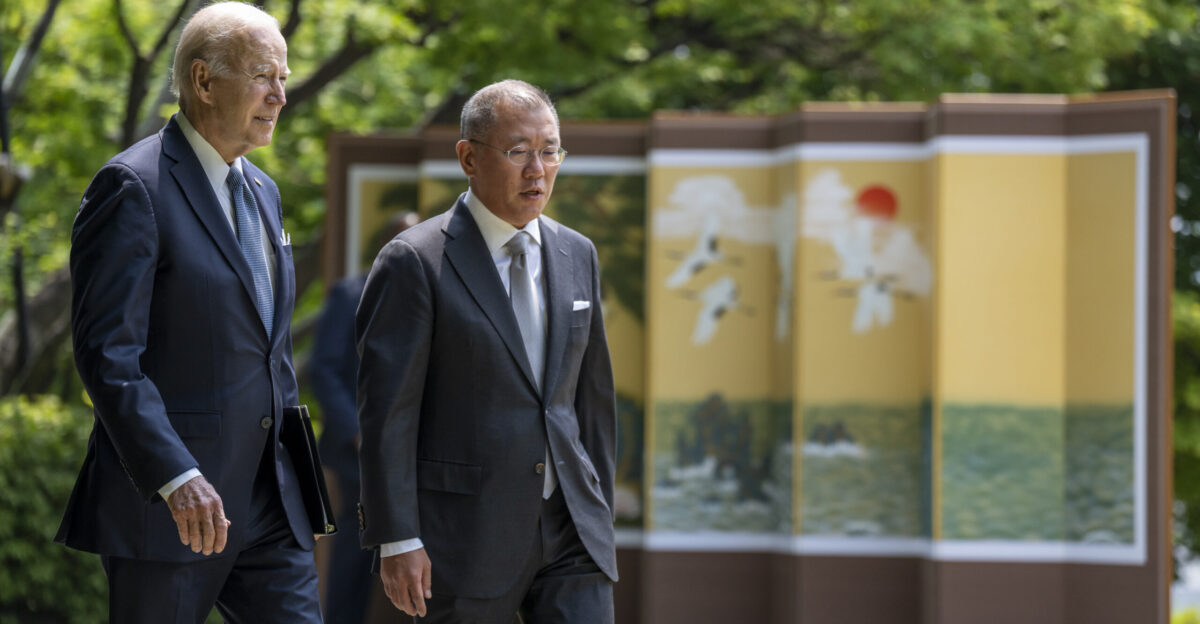 President Joe Biden walks with Chairman of the Hyundai Motor Group Euisun Chung after a Hyundai Motor Group announcement on U S investments Sunday May 22 2022 at the Grand Hyatt Seoul in Seoul South Korea Official White House Photo by Adam Schultz