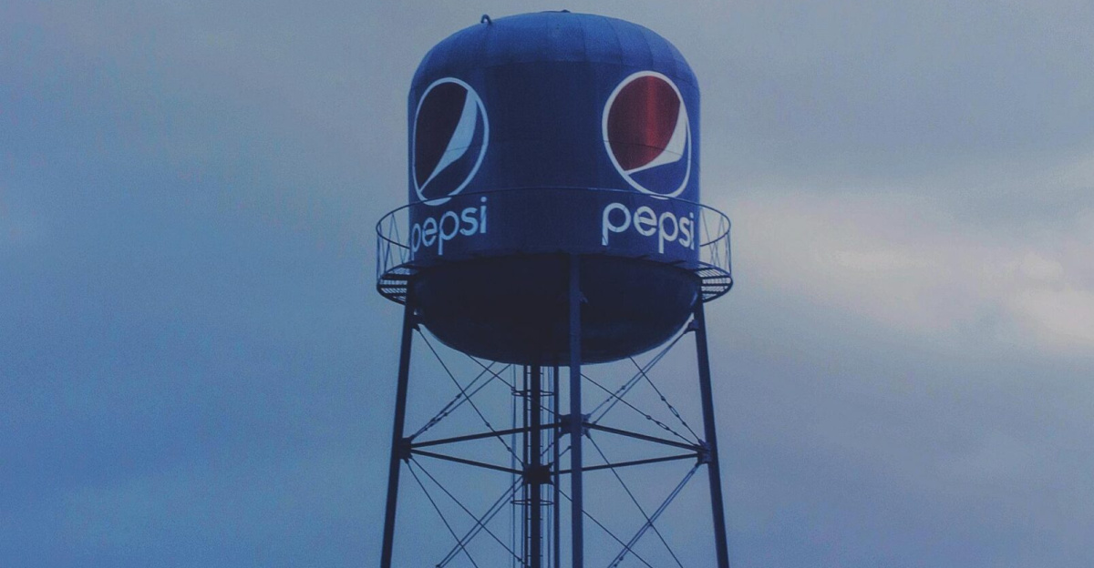 A blue water tower with Pepsi branding under a cloudy sky, symbolizing industry and advertising.