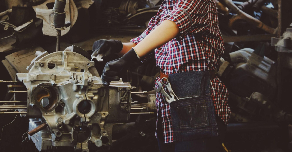 Woman engineer wearing safety gear, working on machine repair in an industrial setting.