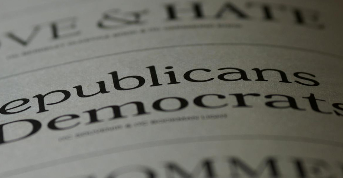 Close-up of blurred text page with Republicans Democrats focusing on political themes