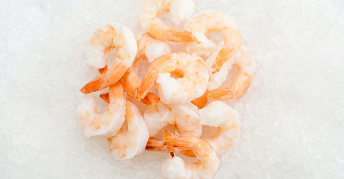 Close-up of frozen shrimp arranged on a bed of ice highlighting freshness