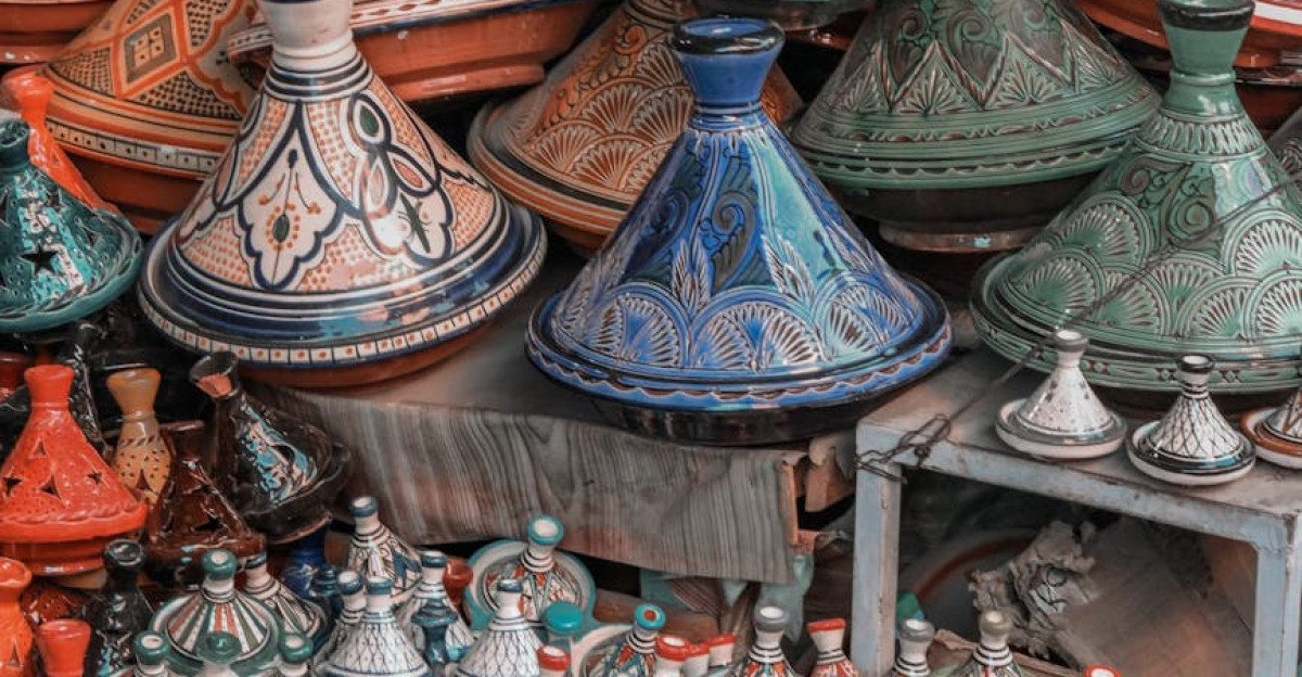 Colorful Moroccan tagine pots artfully stacked showcasing traditional craftsmanship