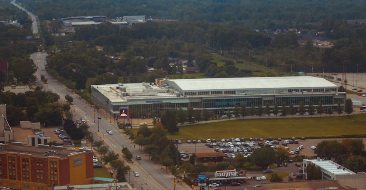 Aerial view of vibrant downtown Niagara Falls showcasing streets buildings and urban life