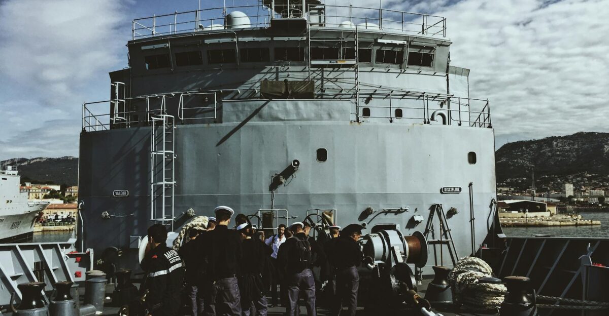 A navy crew gathered on a ship s deck in Toulon Provence-Alpes-C te d Azur France