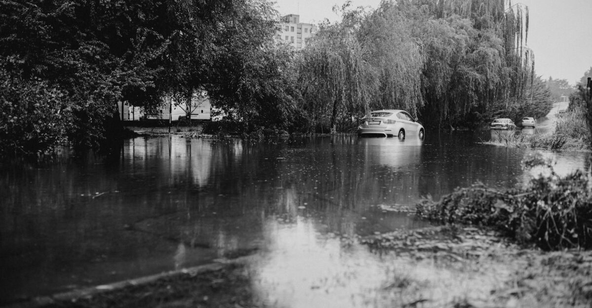 Monochrome image of cars stranded on a flooded street with lush trees and buildings in the background