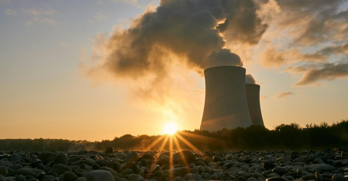 A nuclear power plant emitting steam at sunrise creating a dramatic skyline with visible air pollution