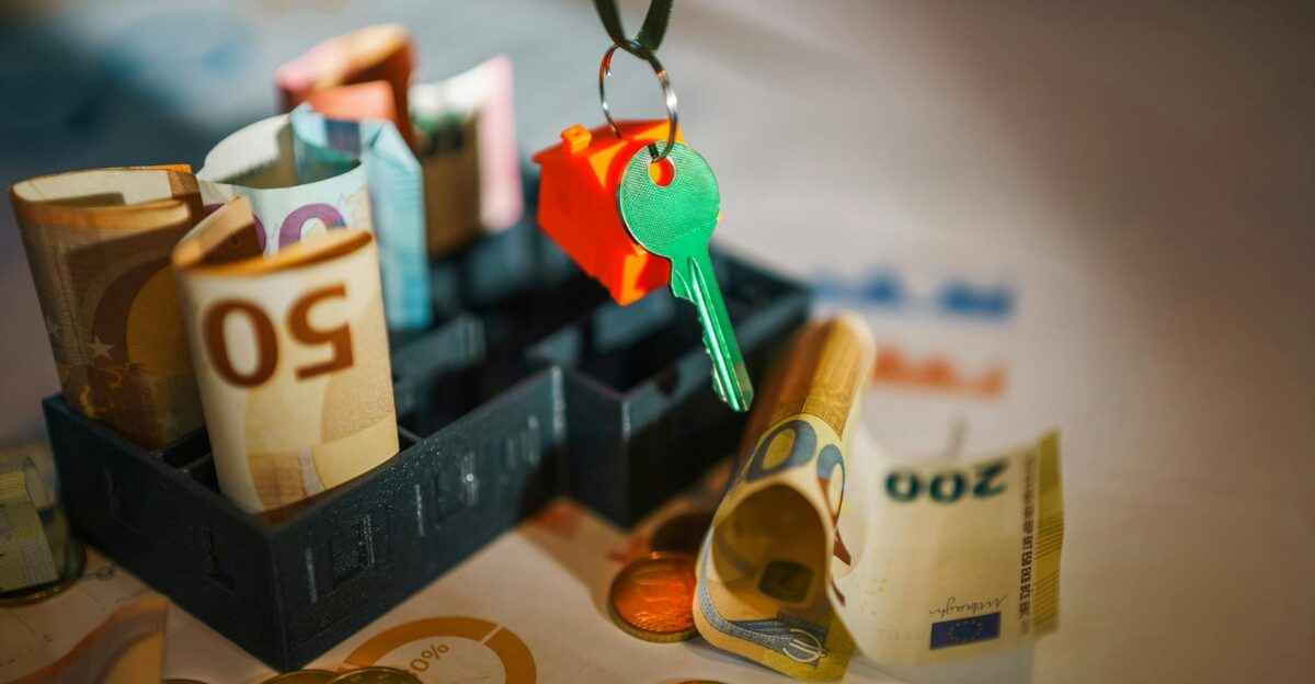 House key and euro bills depicting real estate and financial themes