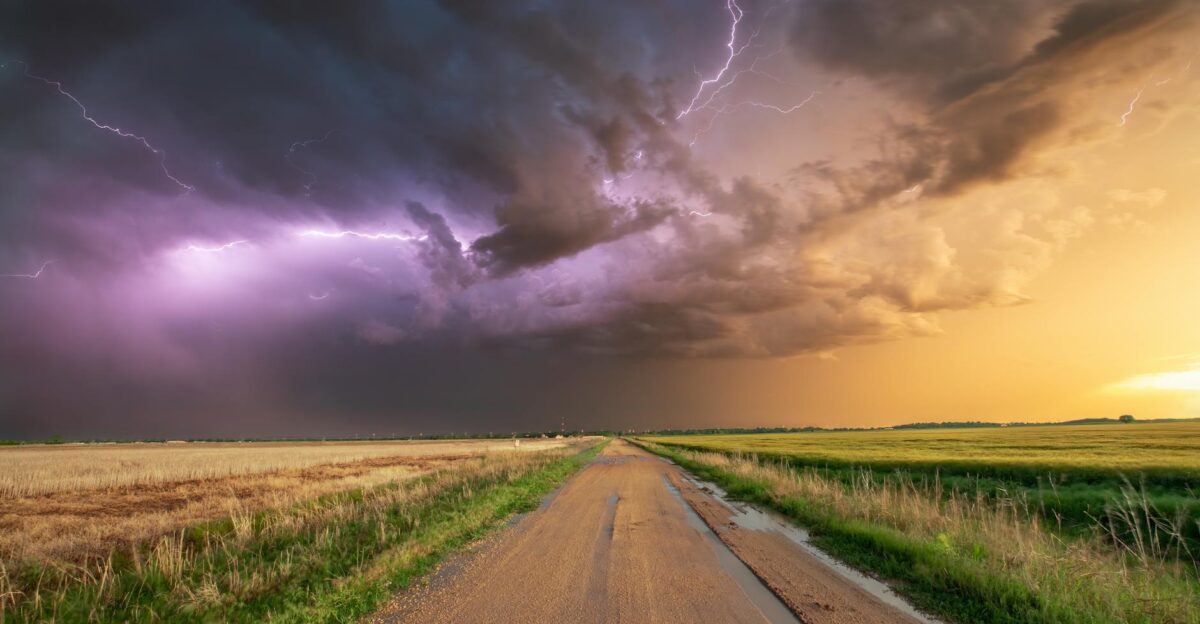 Stunning photo of a thunderstorm with lightning over a wheat field and dirt road in Oklahoma