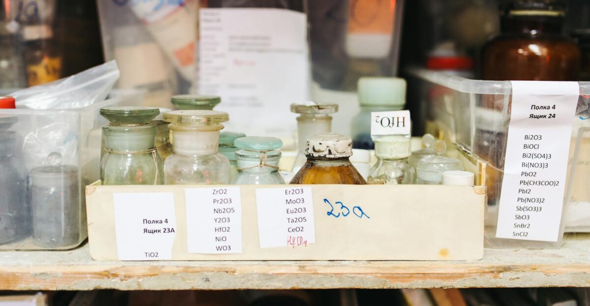 A collection of various chemical samples in glass jars stored in a laboratory setting