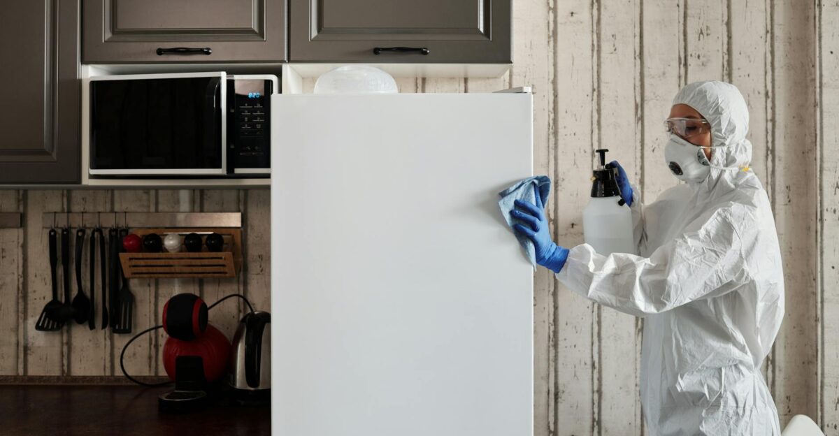 A person in protective gear cleaning a kitchen appliance to ensure hygiene