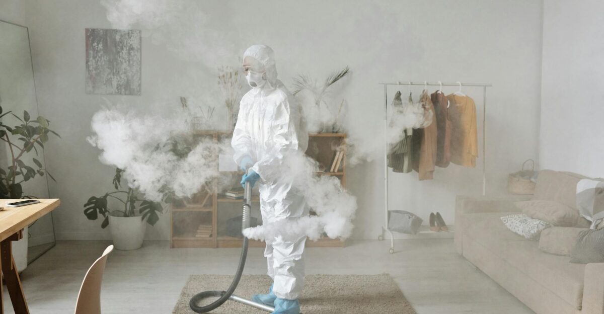 Person in protective suit disinfecting a stylish modern room with fumigation equipment
