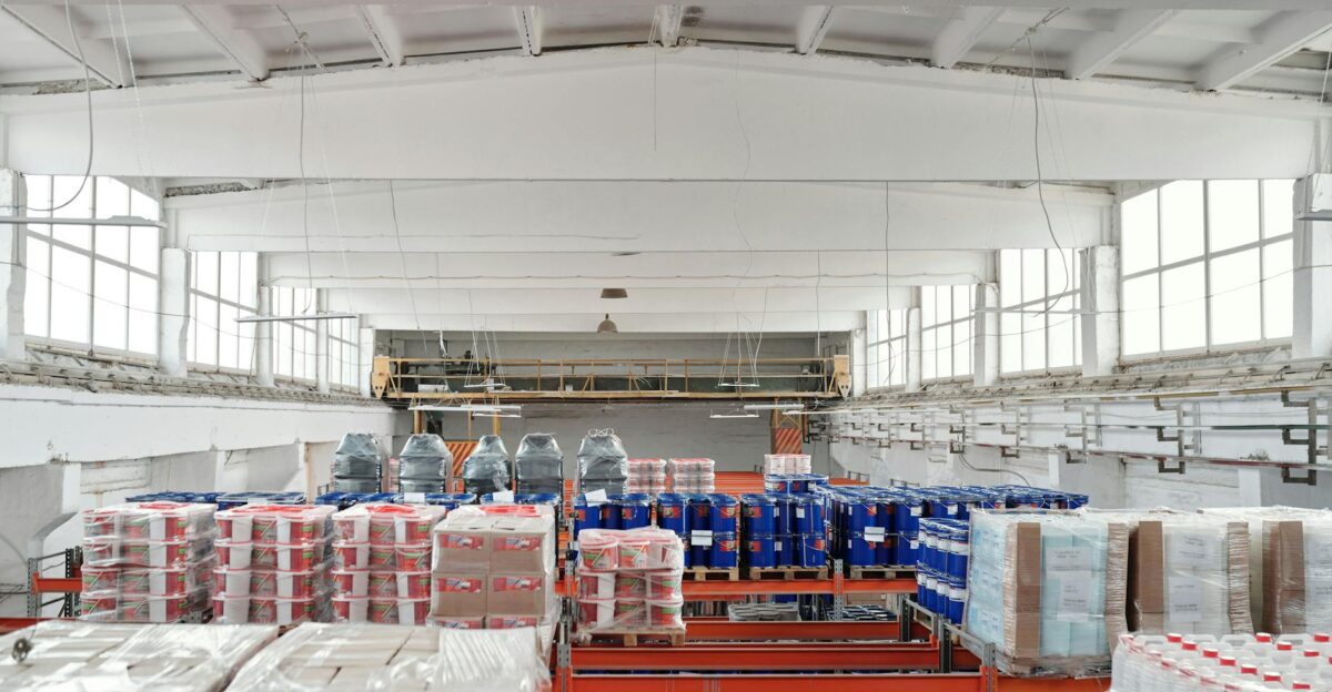 Spacious warehouse interior featuring organized shelves with various stacked pallets