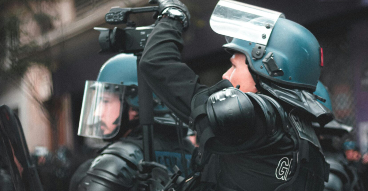 Police officers in protective gear managing a street protest, demonstrating authority and organization.