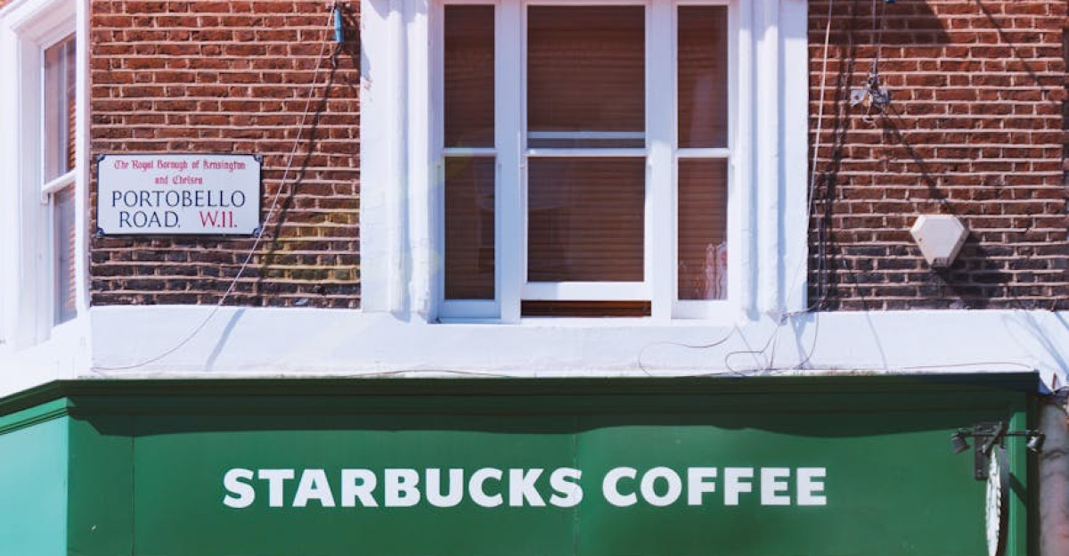 Exterior view of a Starbucks coffee shop on Portobello Road London with a person standing outside