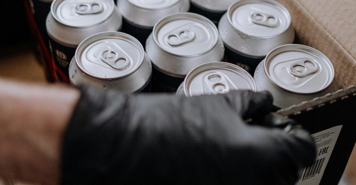 Close-up of boxed aluminum cans in a brewery's production line, featuring a gloved hand in action.