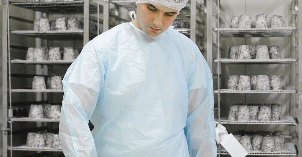 A worker in hygienic clothing handling food storage in a production facility