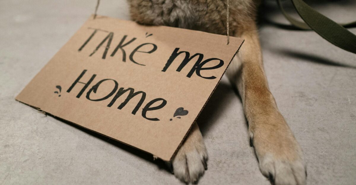 Close-up of a dog holding a cardboard sign with Take Me Home message highlighting adoption appeal