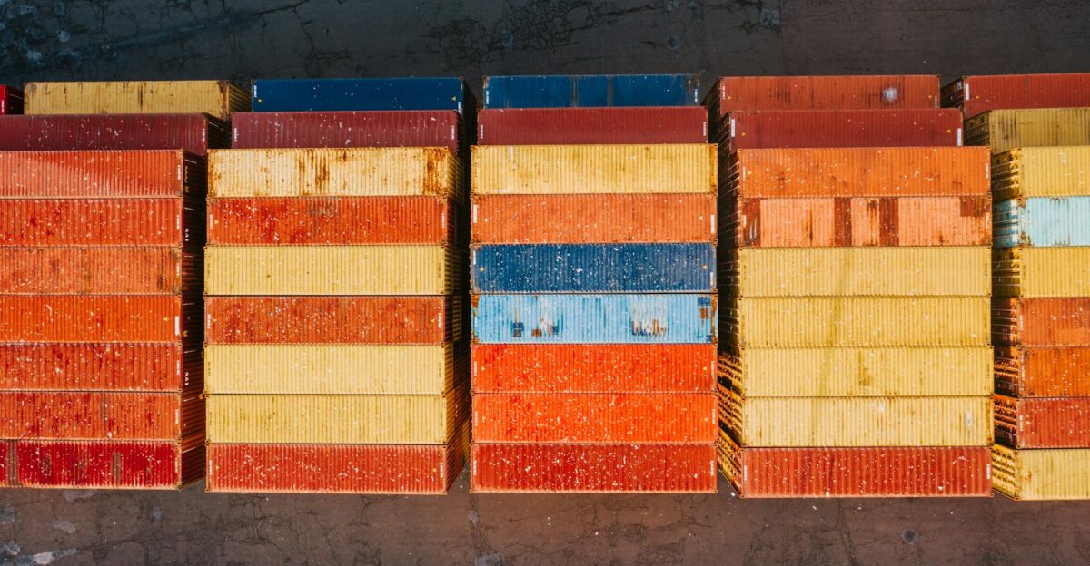 Top view of stacked colorful shipping containers in Philadelphia port