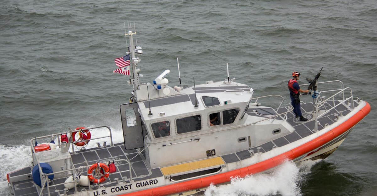 A U S Coast Guard boat patrolling ocean waters showcasing marine security