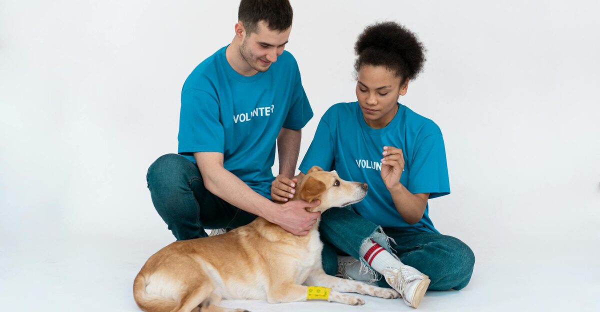 Two volunteers interacting lovingly with a dog in a studio setting