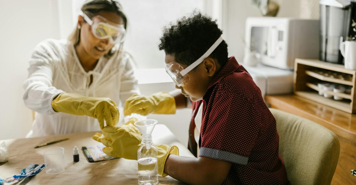 Mother and son conducting a fun science experiment together at home fostering creativity and learning