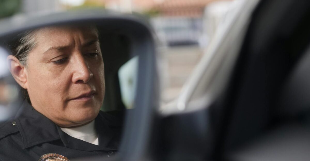 A police officer focused while appearing in a car mirror reflection