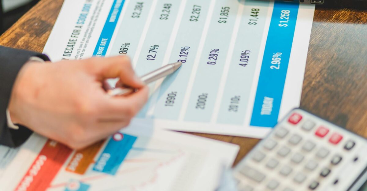 Close-up of financial documents with charts and a calculator used for business analysis