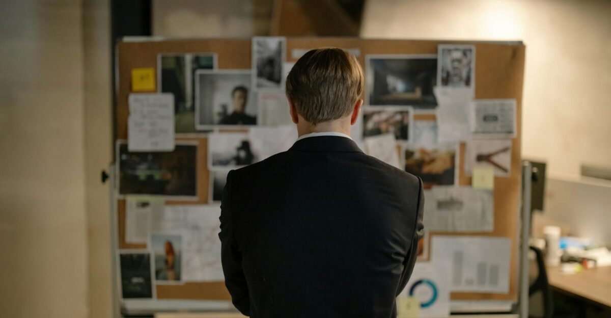 A detective in a suit examines a bulletin board with investigation materials in an office setting
