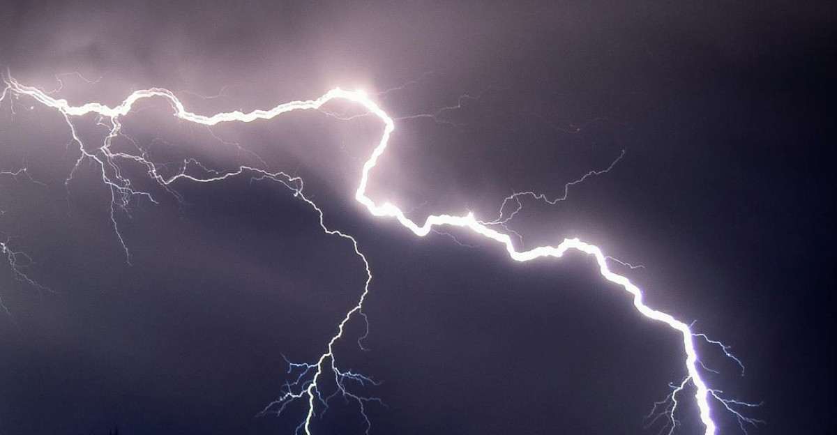 Vivid lightning bolts illuminate the dark night sky over an open field creating a striking natural display