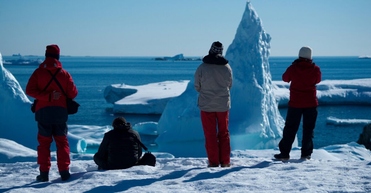 four people on ice near icebergs during daytime
