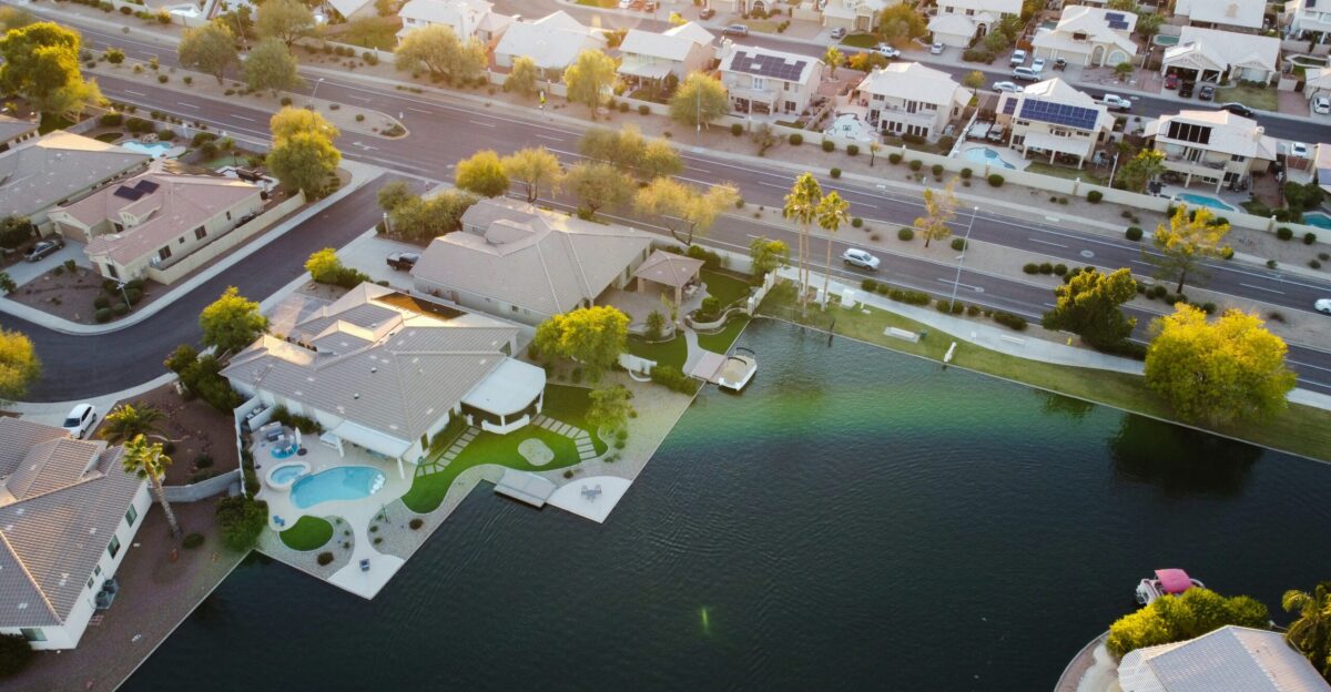 aerial view of resort and houses