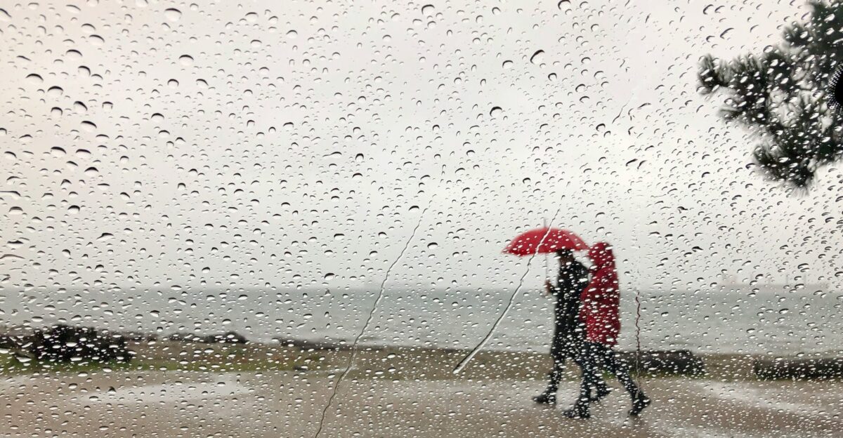 person in black jacket holding red umbrella walking on wet sand during daytime
