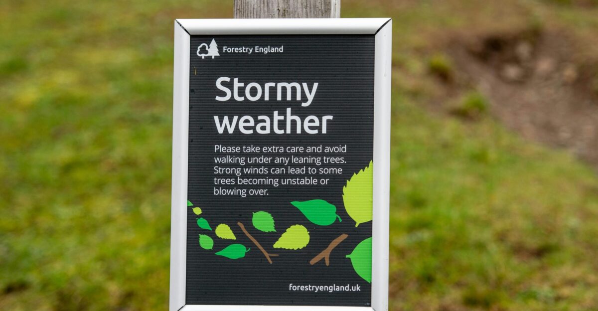 a sign posted on a wooden post in the grass