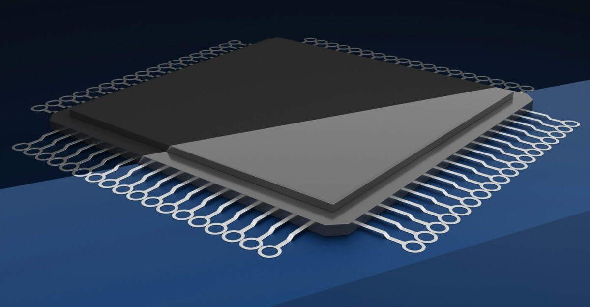 a close up of a computer chip on a blue background