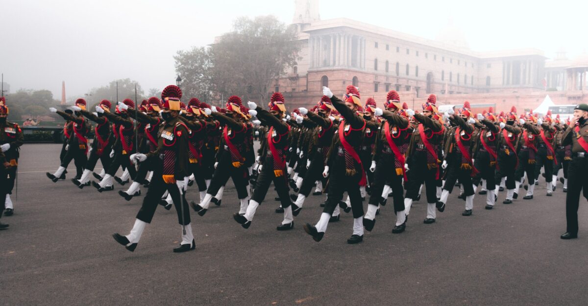 a group of people in uniform marching