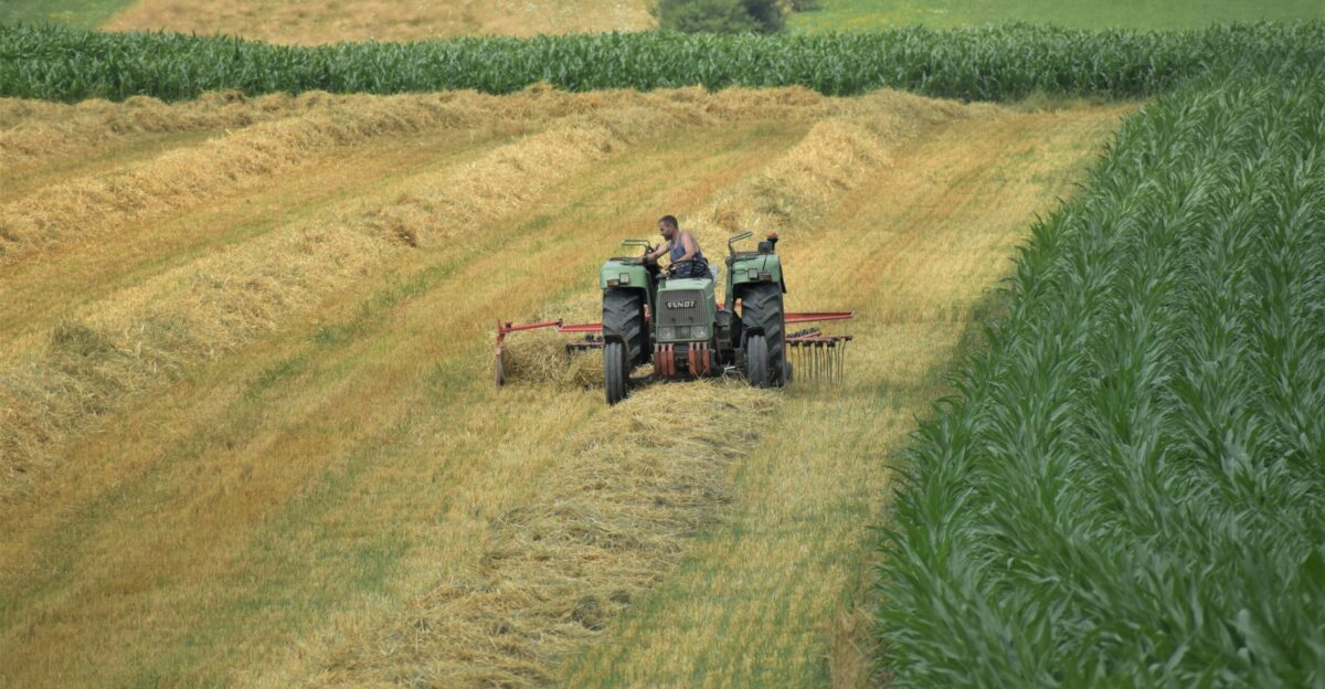 a couple of people on a tractor in a field
