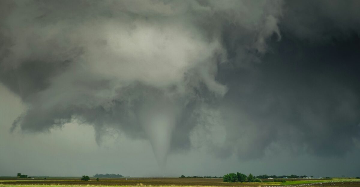 a large storm cloud looms over a green field