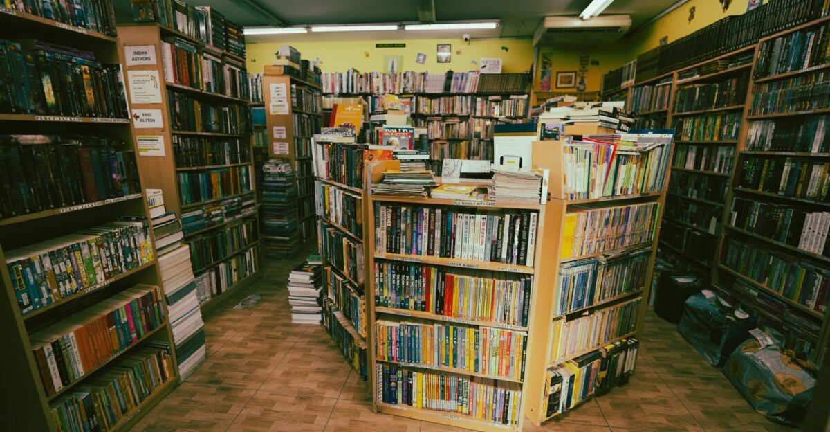a library filled with lots of books and dvds
