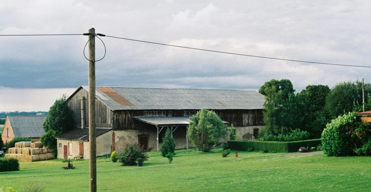 A field with a house and a barn in the background
