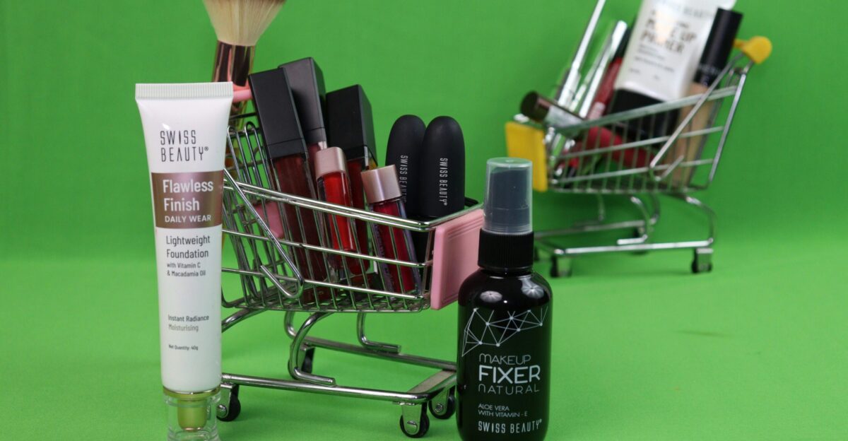 A shopping cart filled with lots of beauty products