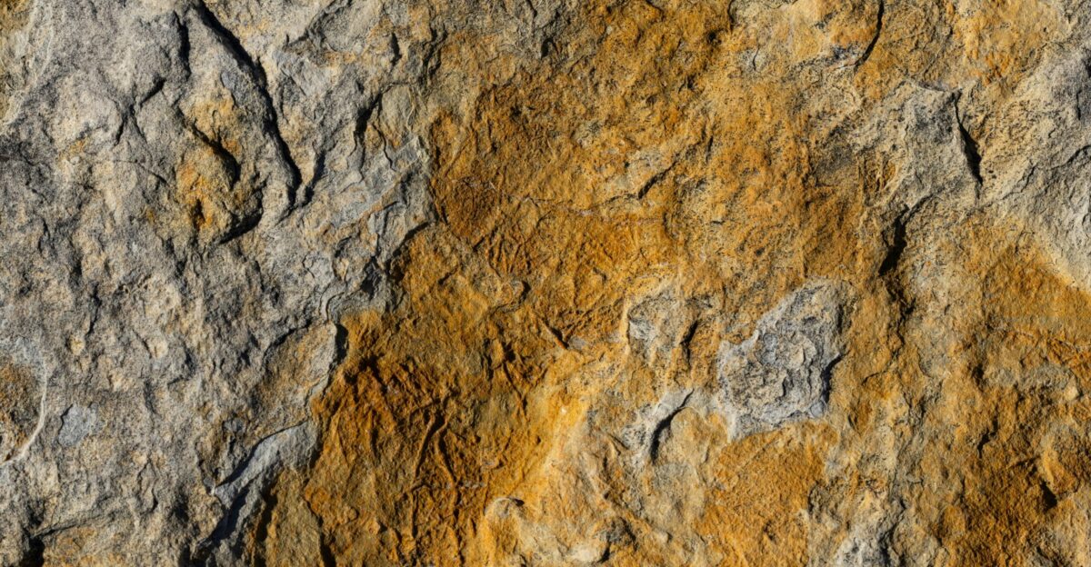 A close up of a rock face with yellow paint