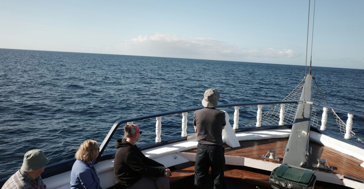 A group of people sitting on a boat in the ocean