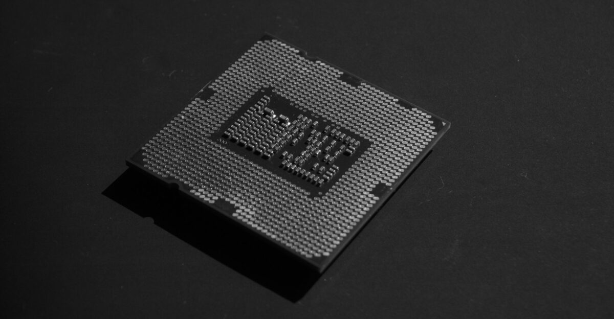 A close up of a processor chip on a table