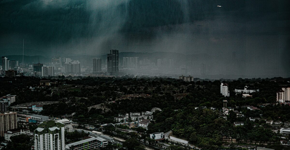 A storm is coming in over a city