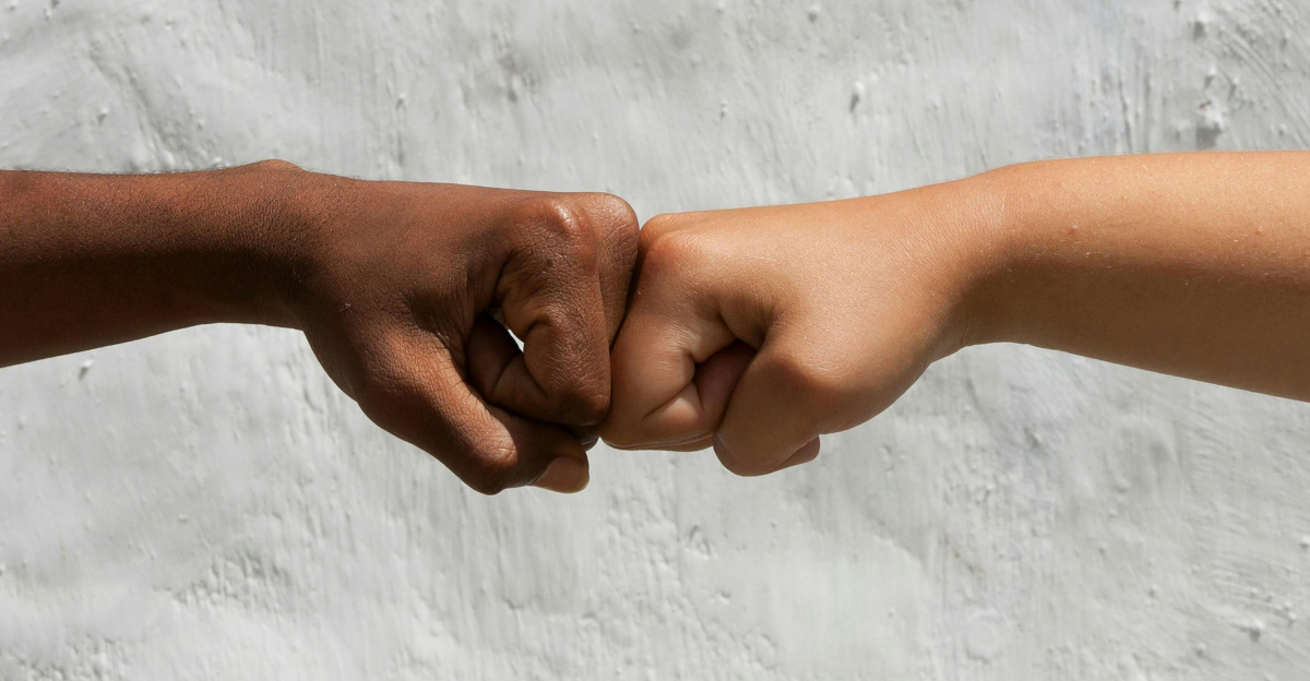 Diverse hands bump fists in solidarity.